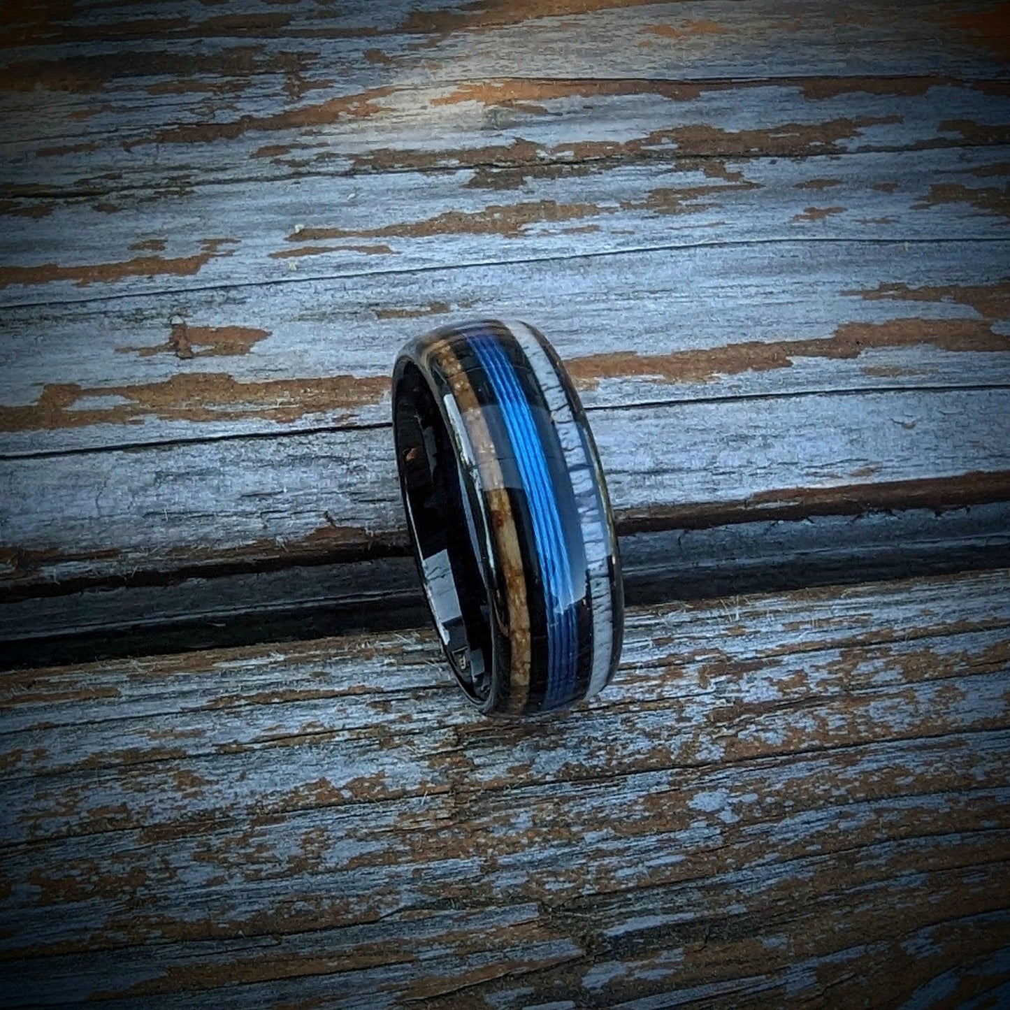 Men's Fishing Line Ring with Antler and Whiskey Barrel - GoodRingsUSA