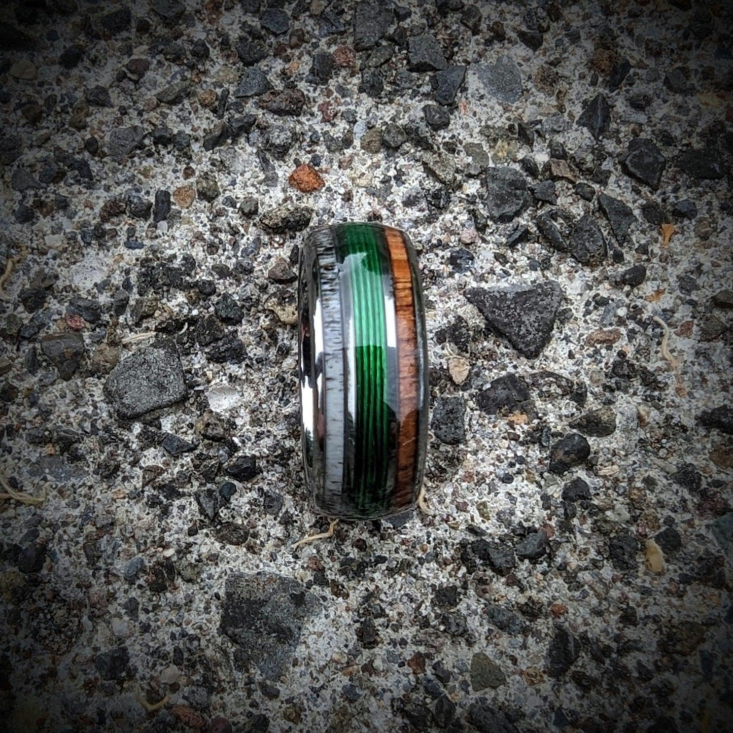 Green Fishing Line Ring with Elk Antler and Makore Wood - GoodRingsUSA