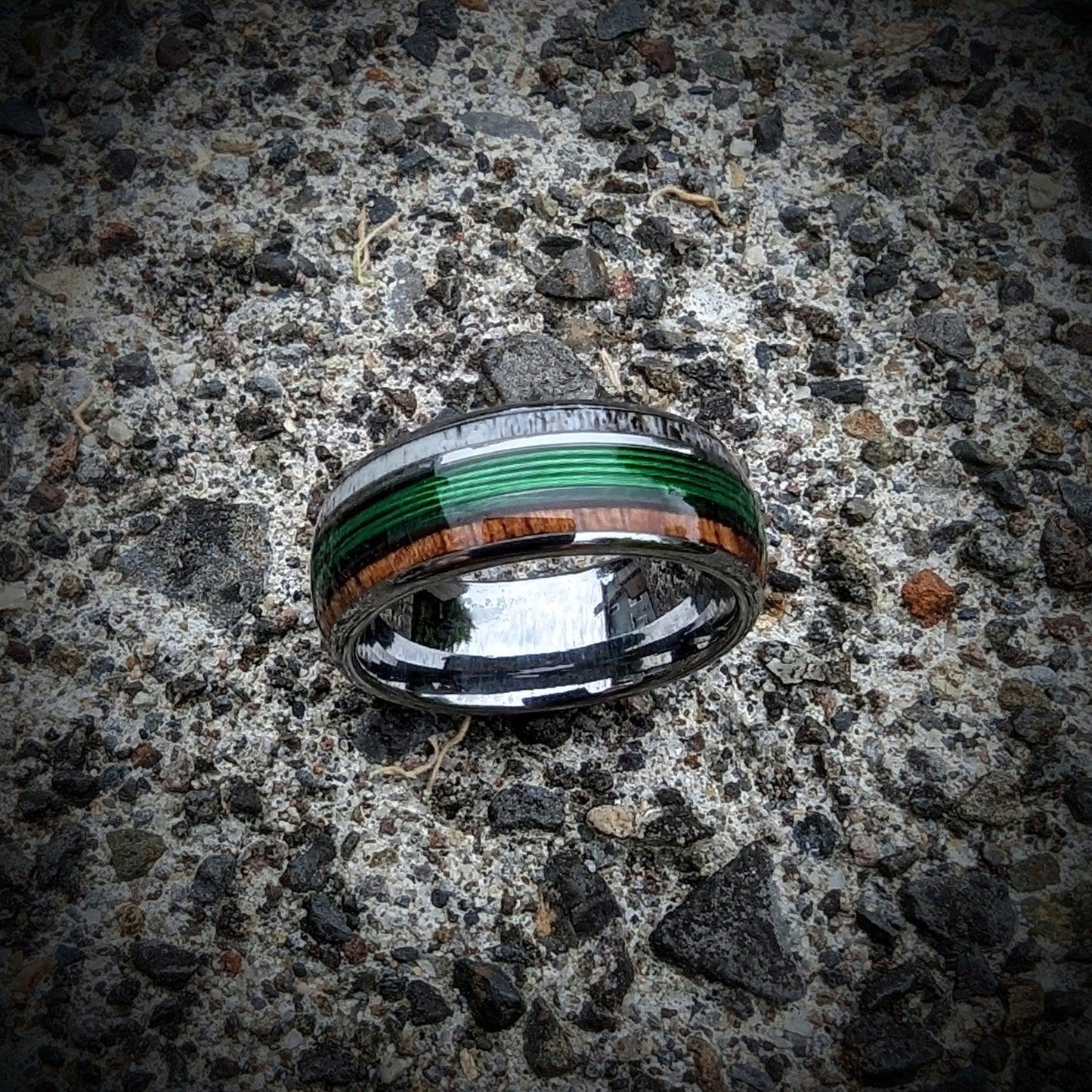 Green Fishing Line Ring with Elk Antler and Makore Wood - GoodRingsUSA