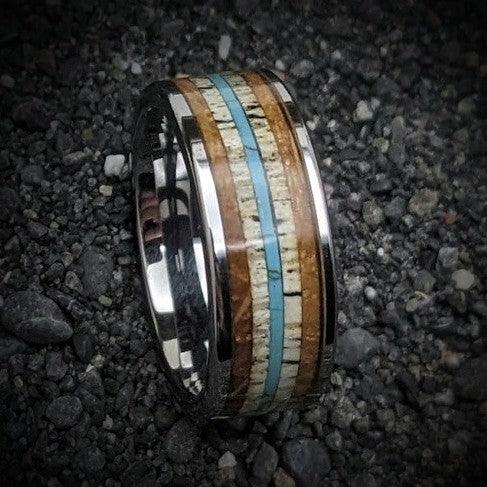 Whiskey Barrel Ring with Antler and Turquoise - GoodRingsUSA