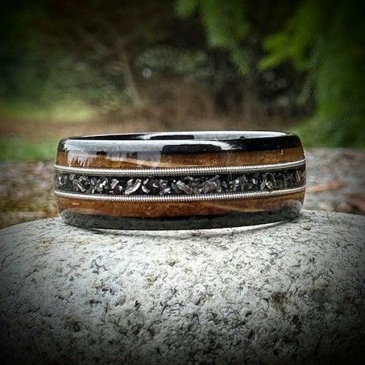 Guitar String Ring with Meteorite Shavings and Whiskey Barrel