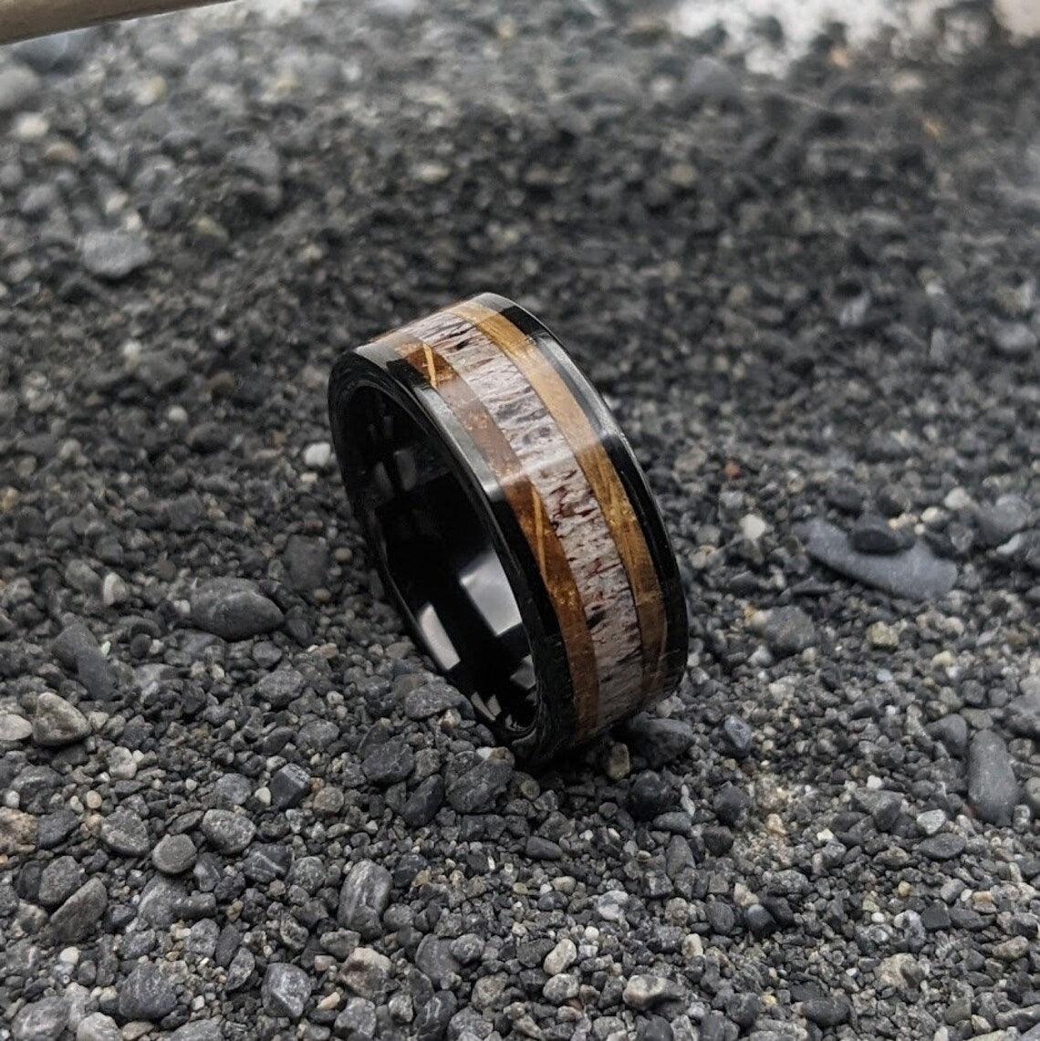 Antler and Whiskey Barrel Wood Ring - GoodRingsUSA