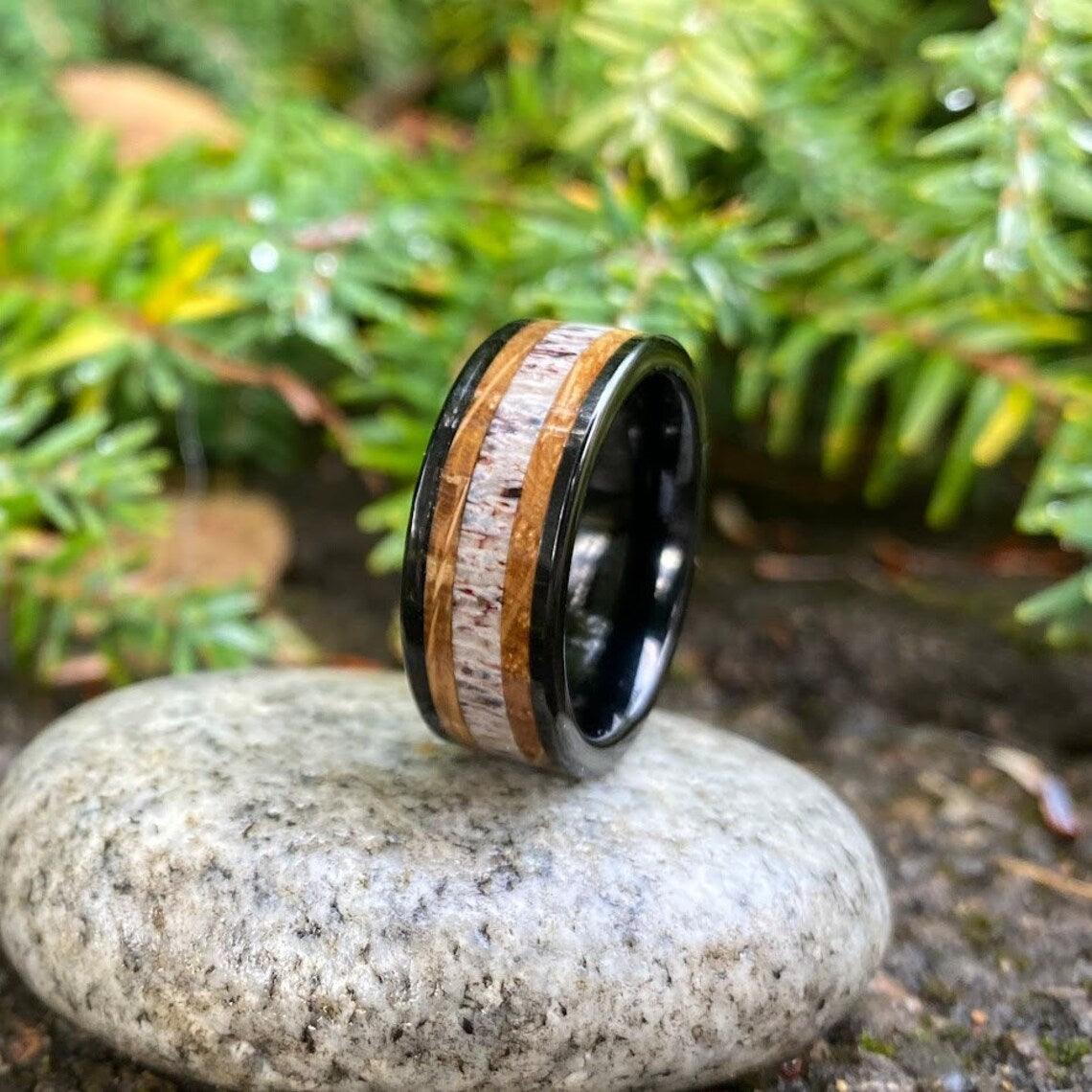 Antler and Whiskey Barrel Wood Ring - GoodRingsUSA