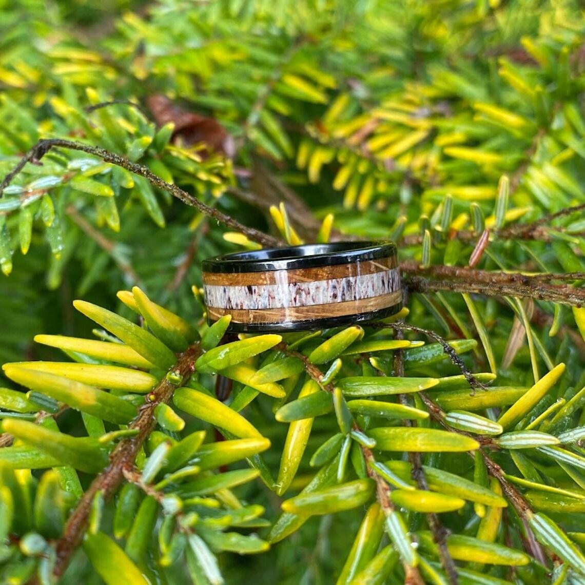Antler and Whiskey Barrel Wood Ring - GoodRingsUSA