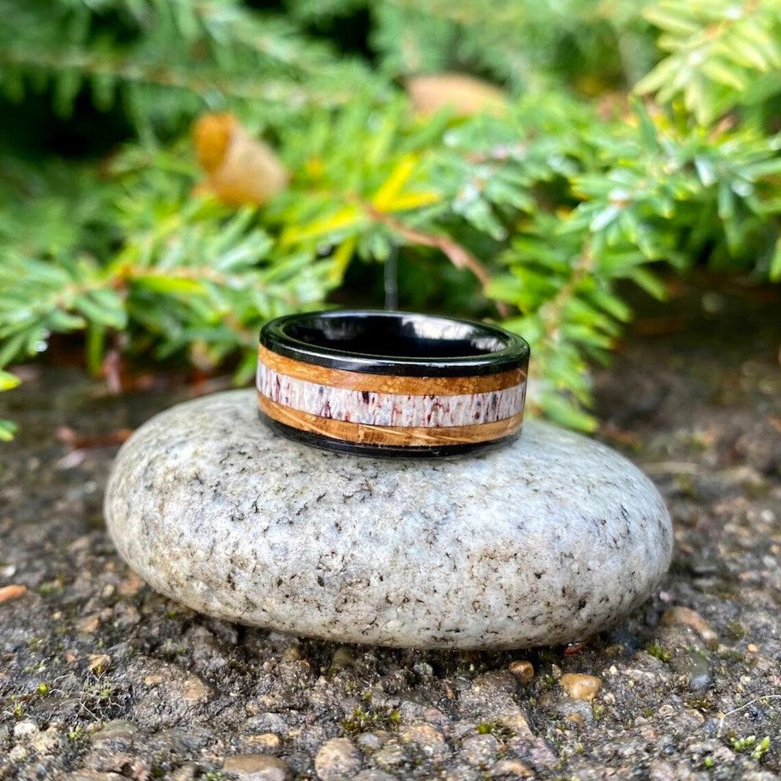 Antler and Whiskey Barrel Wood Ring - GoodRingsUSA