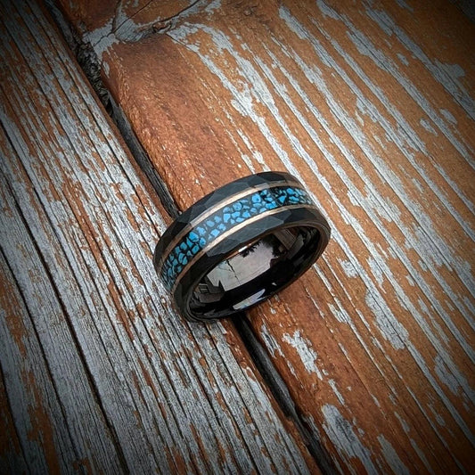 Hammered Tungsten Ring with Turquoise - GoodRingsUSA