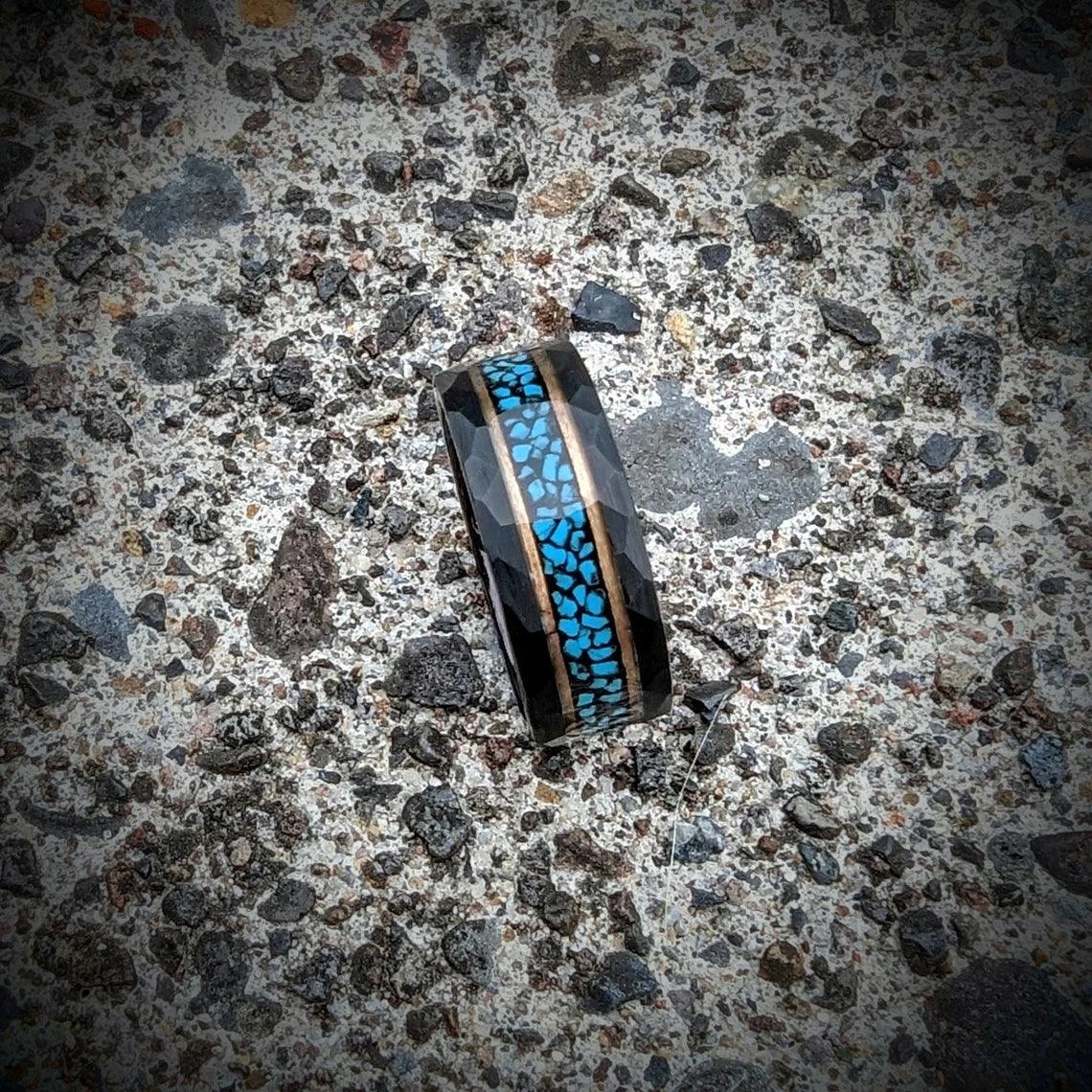 Hammered Tungsten Ring with Turquoise - GoodRingsUSA