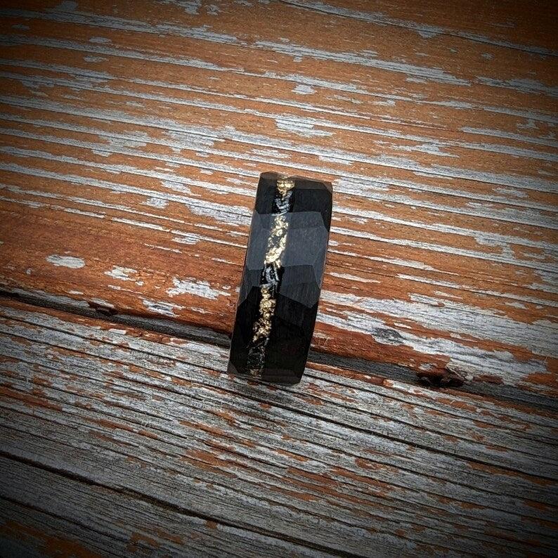 Meteorite and Gold Hammered Wedding Ring - GoodRingsUSA