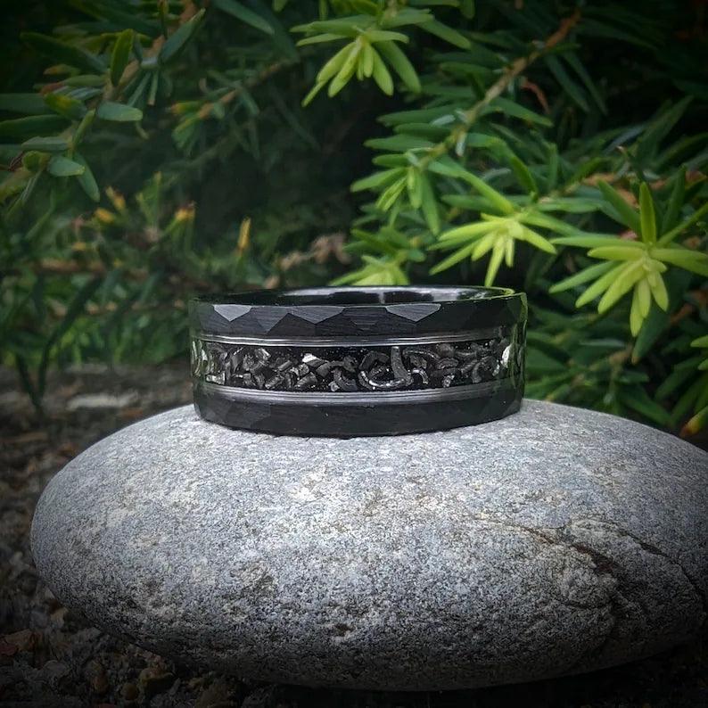 Hammered Meteorite Ring with Silver Leaf Inlay - GoodRingsUSA