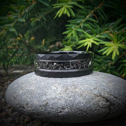 Hammered Meteorite Ring with Silver Leaf Inlay - GoodRingsUSA