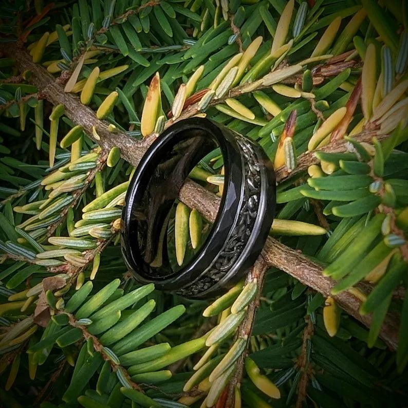 Hammered Meteorite Ring with Silver Leaf Inlay - GoodRingsUSA