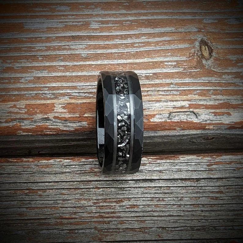 Hammered Meteorite Ring with Silver Leaf Inlay - GoodRingsUSA