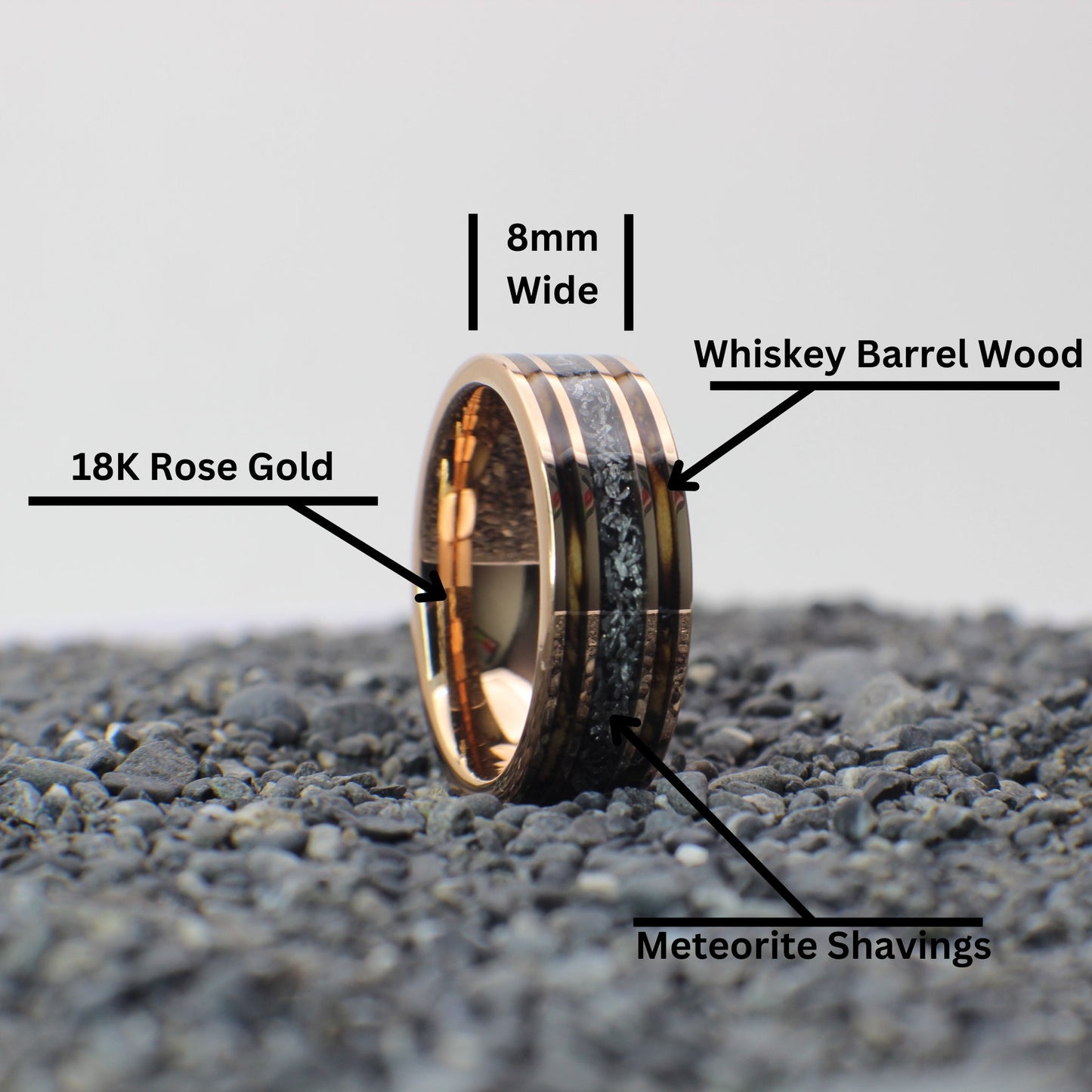 Photo showing 8mm wide mens wedding band made out of rose gold, whiskey barrel wood, and meteorite shavings.