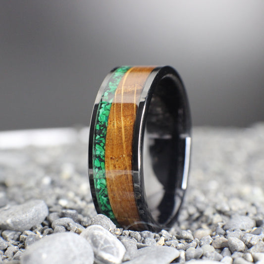 Whiskey Barrel Wedding Band with Malachite. Malachite Wedding Band, Men's Wedding Ring
