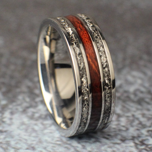 Titanium ring with meteorite shavings. Wooden men's ring