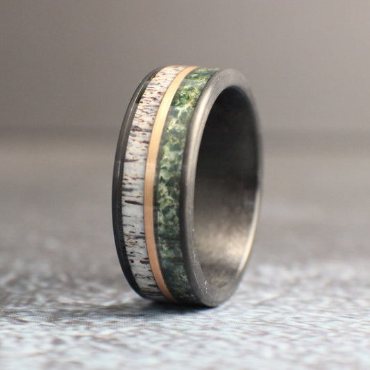 Antler and moss agate ring