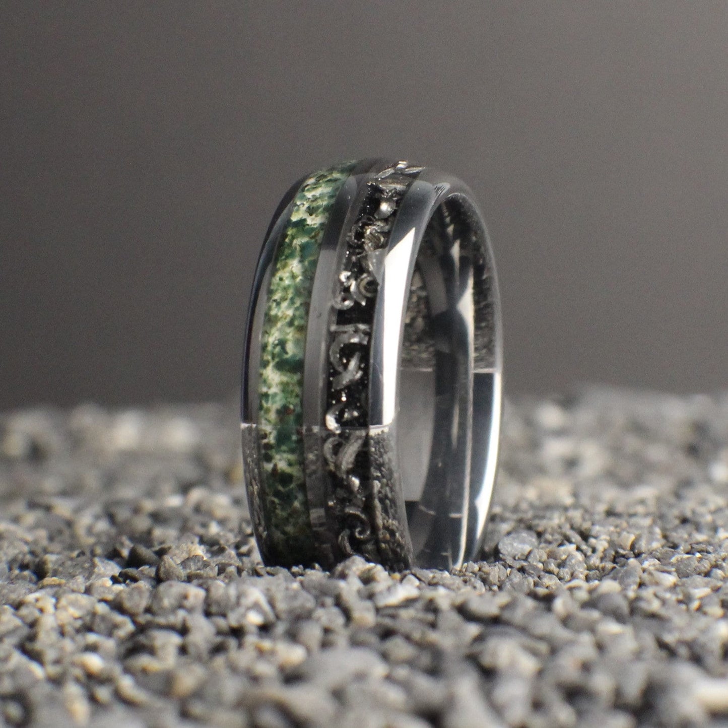 Moss Agate wedding band with meteorite shavings made out of scratch resistant tungsten. This ring comes with a lifetime warranty and is built to last!