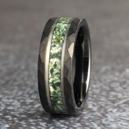 Hammered Moss Agate Ring