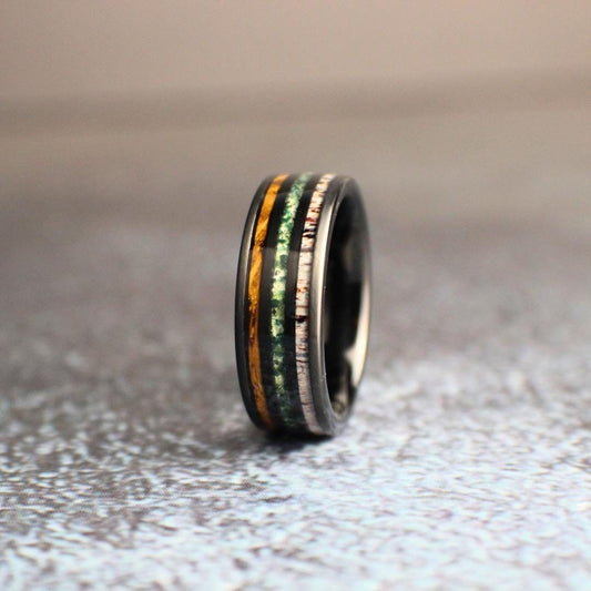 Moss Agate, Whiskey Barre, and Antler Men's Wedding Ring