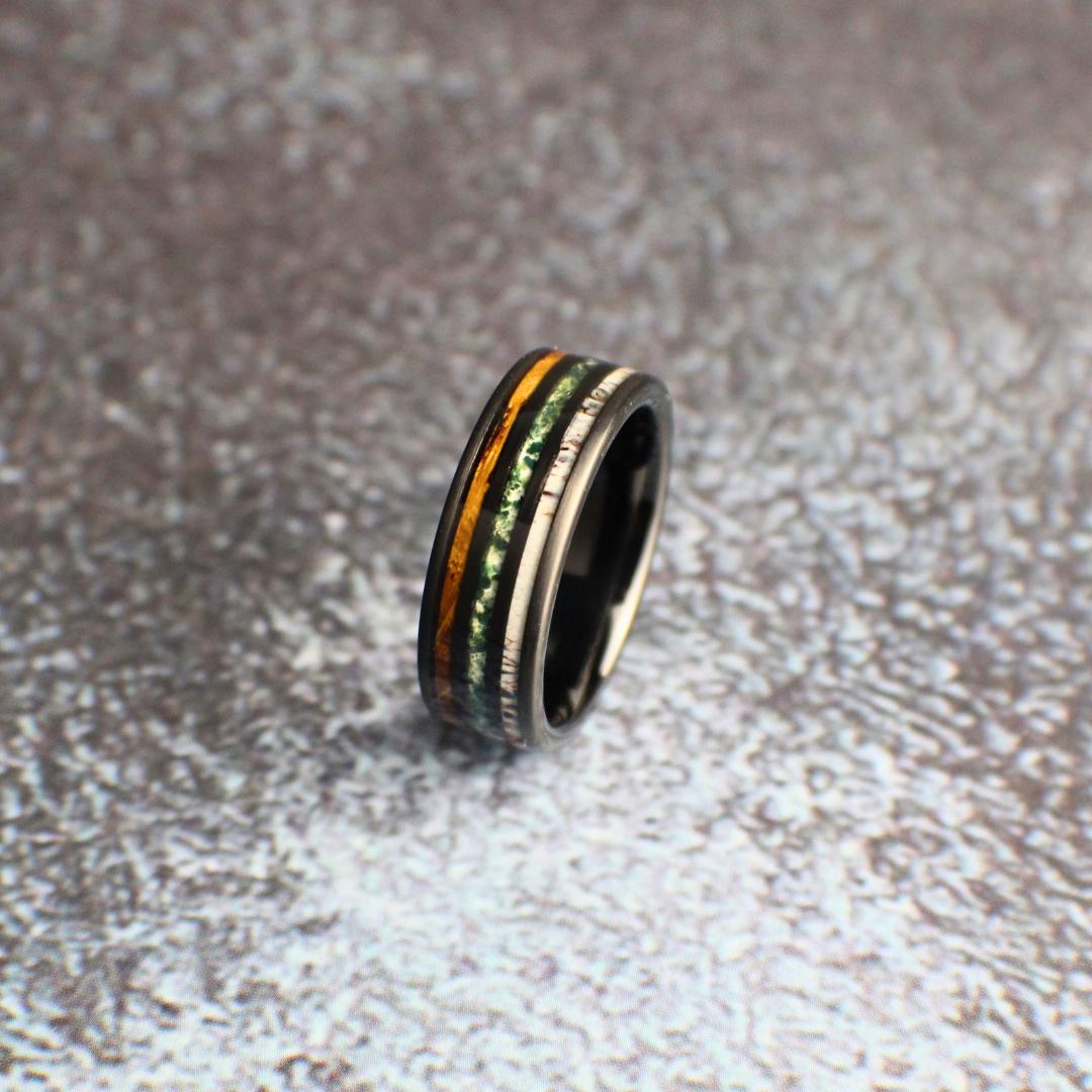 Men's Wedding Band made out of Whiskey Barrel, Moss Agate, and Antler