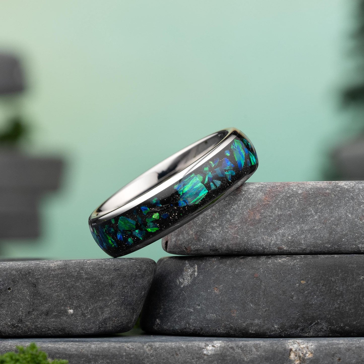 Opal wedding band with blue and green opal