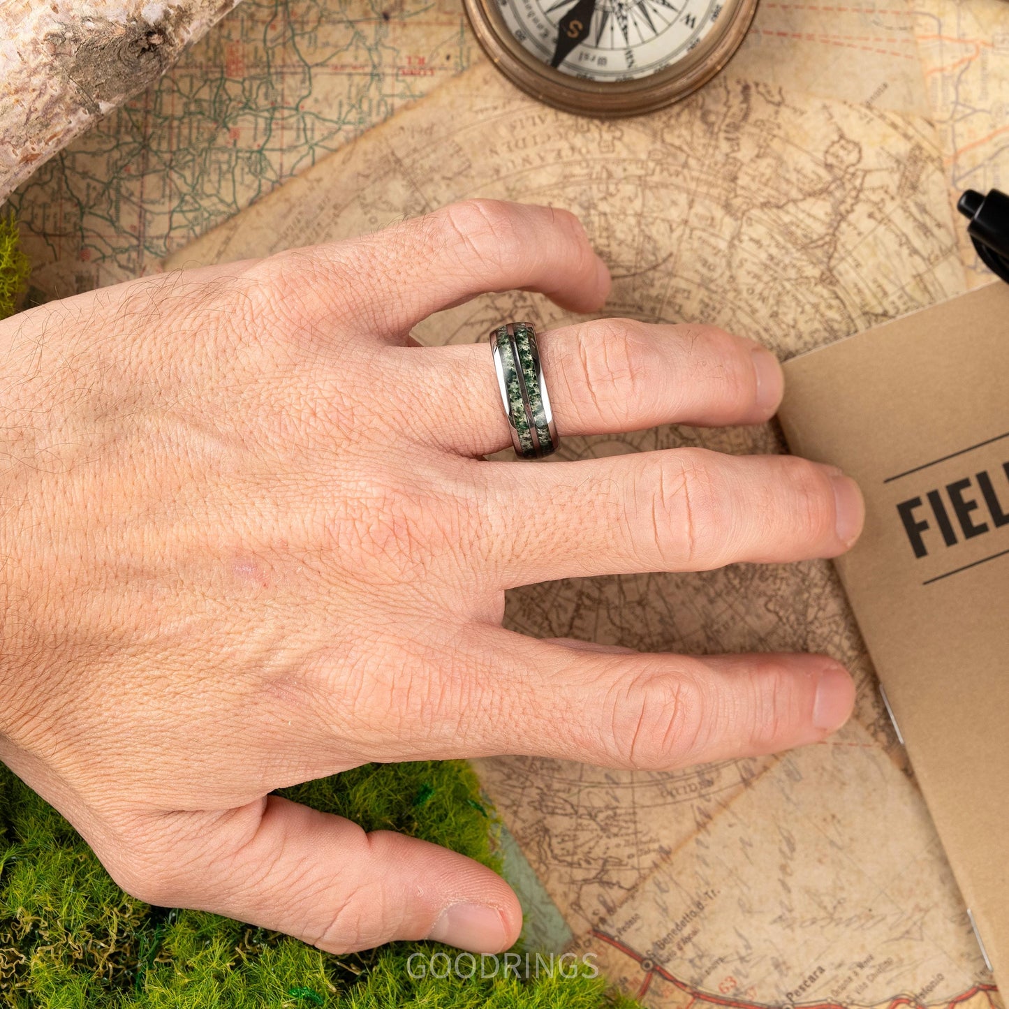 Moss agate ring for men on a mans hand