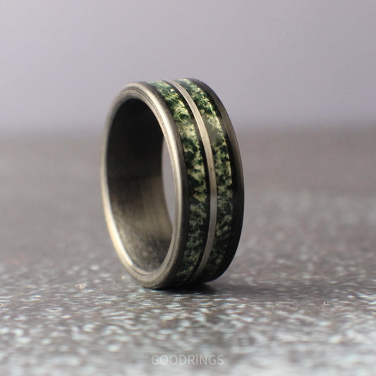 8mm tungsten ring with black brushed finish, two moss agate inlays, and silver divider; stylish and durable, ideal for men’s jewelry collection.