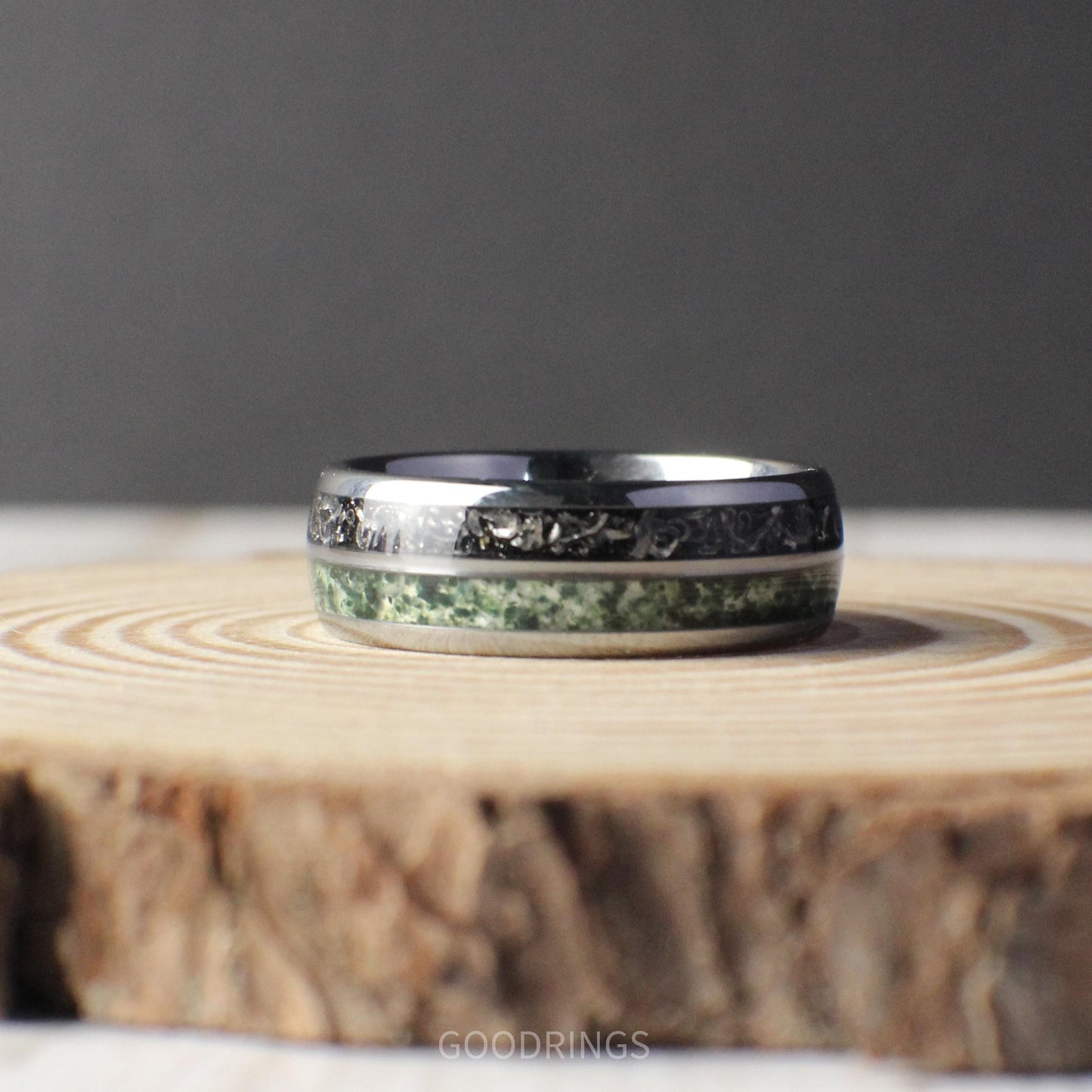 8mm domed tungsten ring with genuine moss agate and meteorite inlays for a distinctive wedding band.