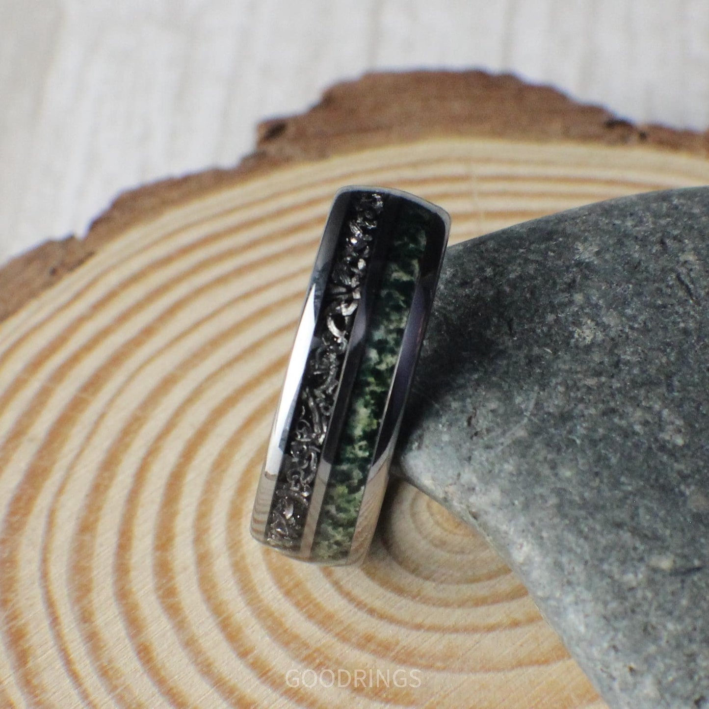 Unique men's wedding band with meteorite and moss agate inlays, perfect as a promise ring.