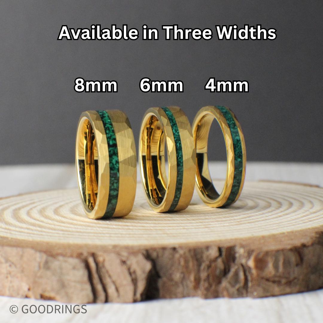 Three Verdant Edge rings displayed side by side in 8mm, 6mm, and 4mm widths. Each ring features a hammered gold finish with an offset channel of vibrant crushed malachite, highlighting the visual difference between widths while showcasing the rich green and gold contrast. A perfect way to compare size and style for choosing a wedding band or statement ring.