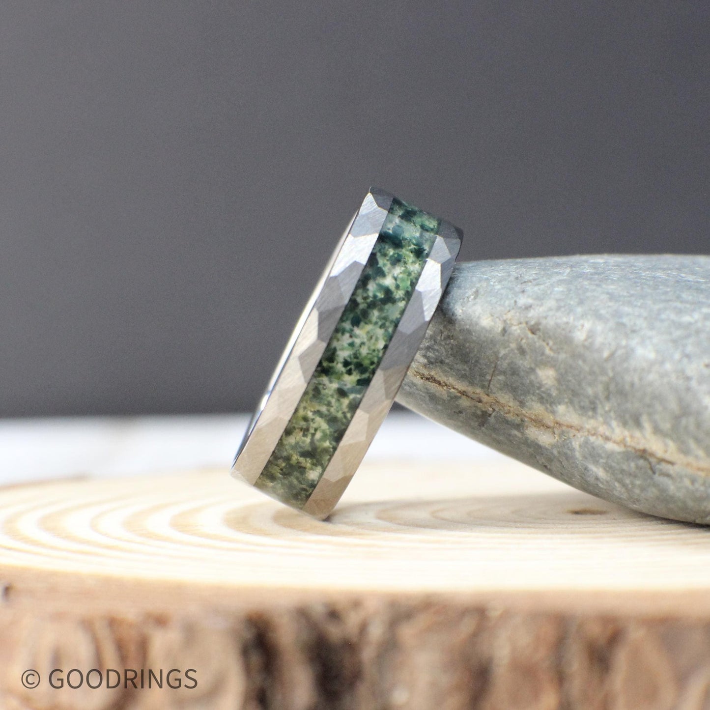 Green moss agate ring with hammered tungsten finish. Hypoallergenic men’s wedding band with comfort fit and organic gemstone inlay.