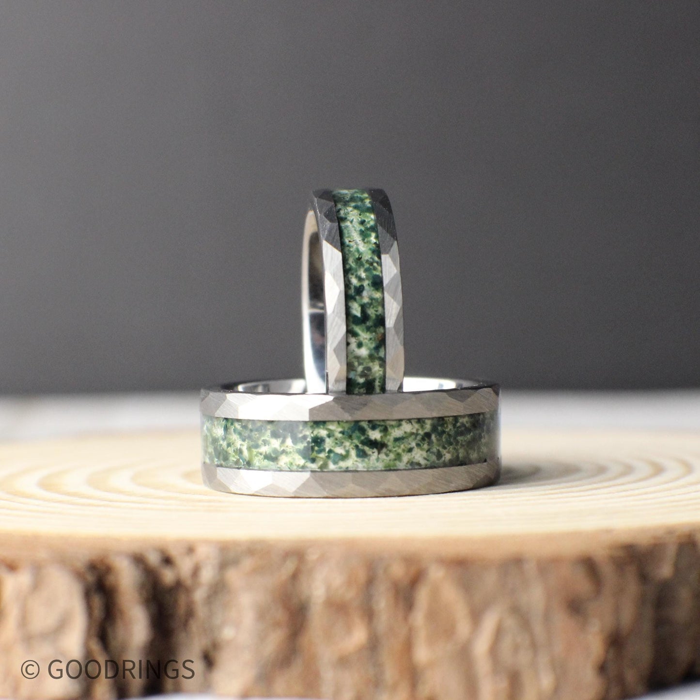 Nature-inspired tungsten ring featuring real moss agate. Perfect for men seeking a unique wedding band or everyday ring with rugged style and earthy elements.