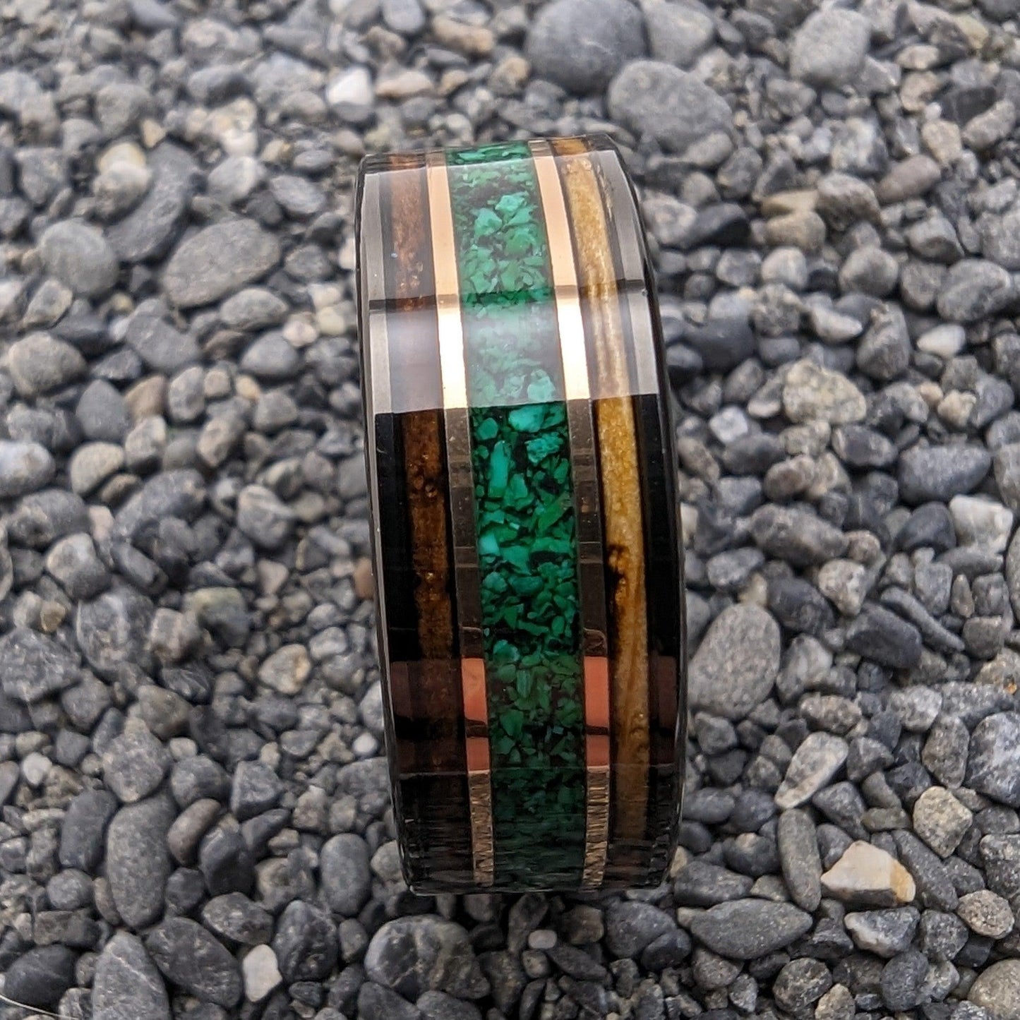 Malachite Ring with Burnt Whiskey Barrel Wood and Gold Bands - GoodRingsUSA