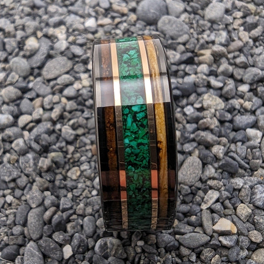 Malachite Ring with Burnt Whiskey Barrel Wood and Gold Bands - GoodRingsUSA