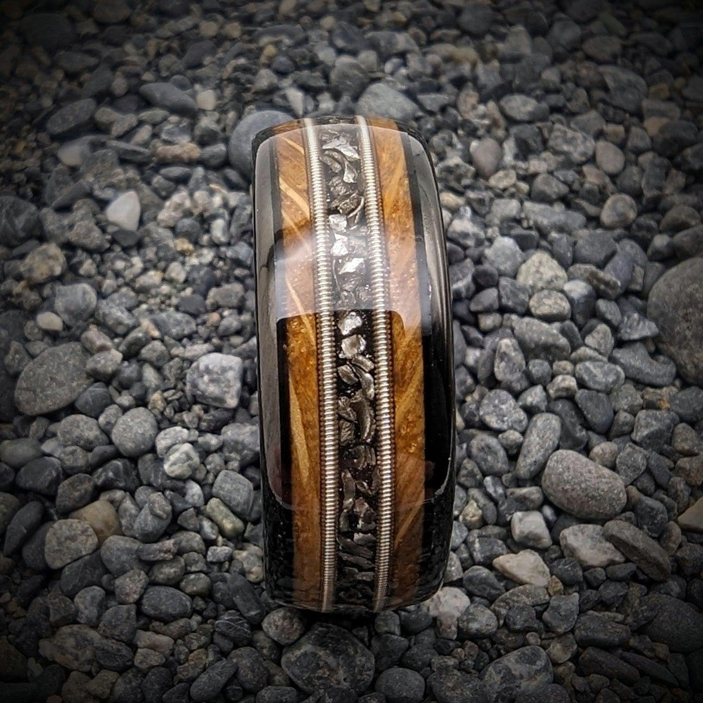 Guitar String Ring with Meteorite Shavings and Whiskey Barrel