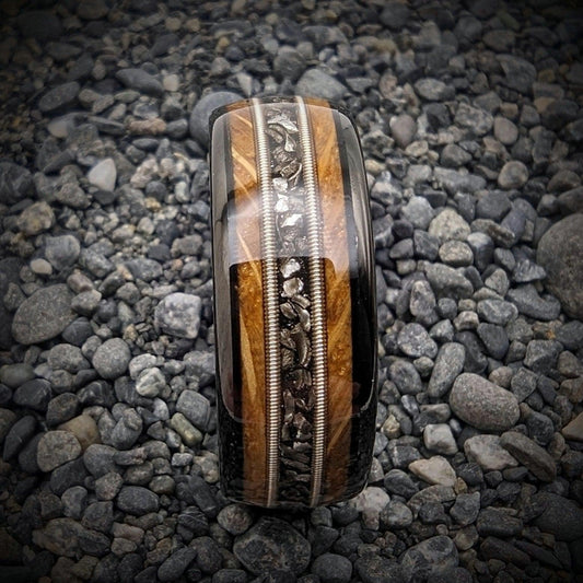Guitar String Ring with Meteorite Shavings and Whiskey Barrel - GoodRingsUSA