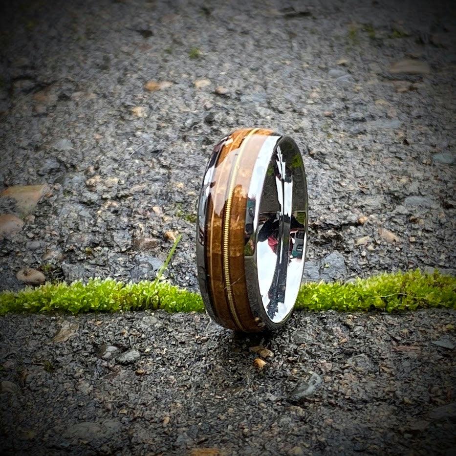 Guitar String and Whiskey Barrel Tungsten Wedding Ring - GoodRingsUSA