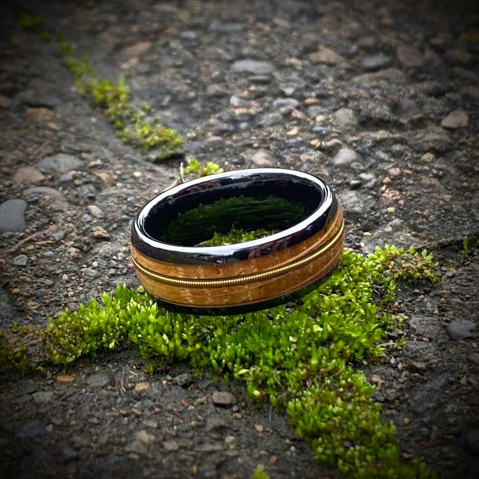 Guitar String and Whiskey Barrel Black Ceramic Wedding Ring - GoodRingsUSA