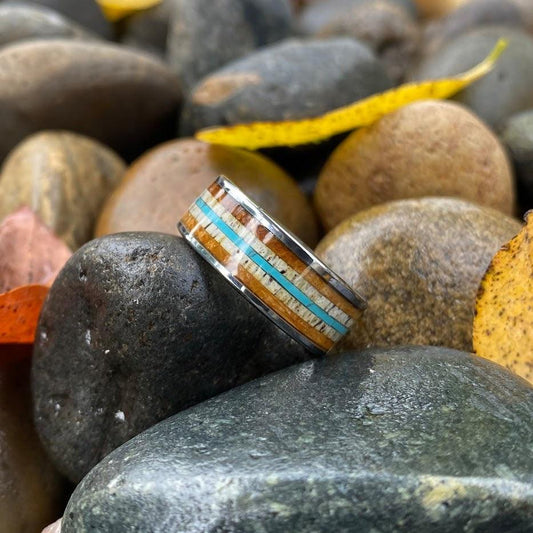 Whiskey Barrel Ring with Antler and Turquoise - GoodRingsUSA