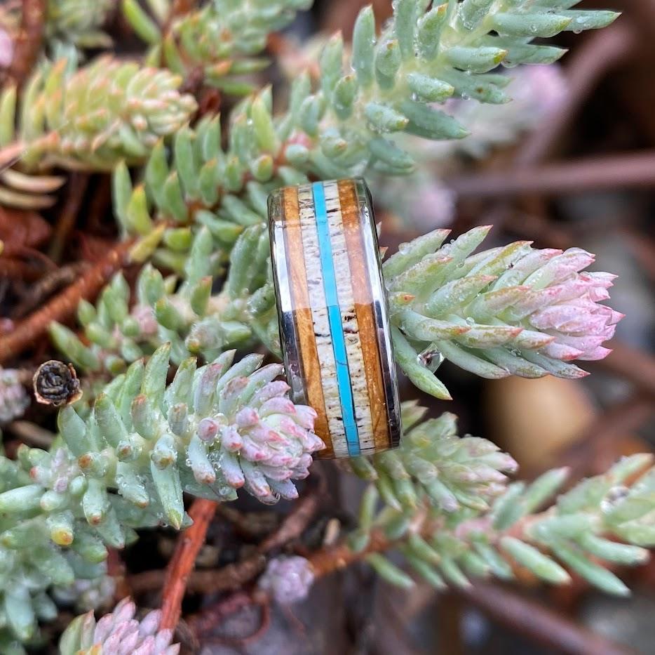 Whiskey Barrel Ring with Antler and Turquoise - GoodRingsUSA