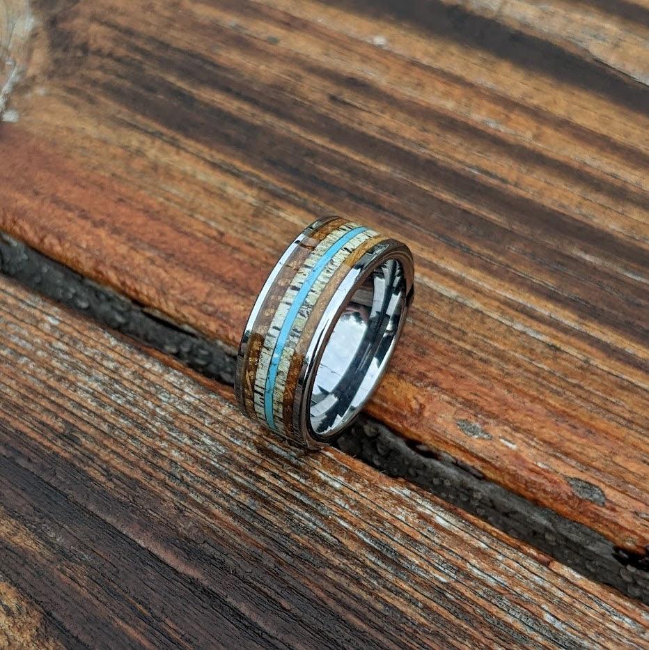 Whiskey Barrel Ring with Antler and Turquoise - GoodRingsUSA