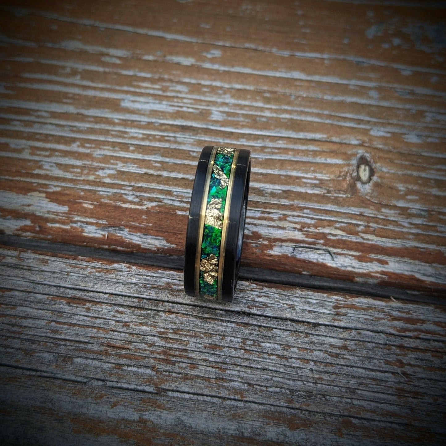 Green Opal and Gold Leaf Tungsten Wedding Ring - GoodRingsUSA
