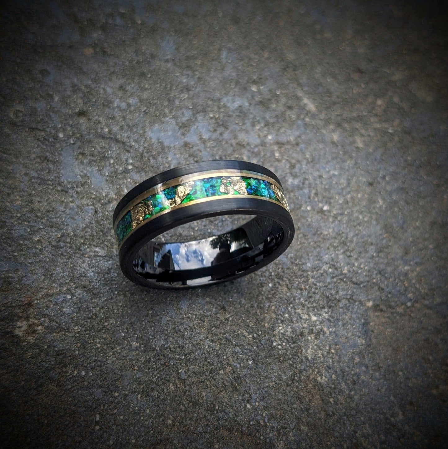 Green Opal and Gold Leaf Tungsten Wedding Ring - GoodRingsUSA
