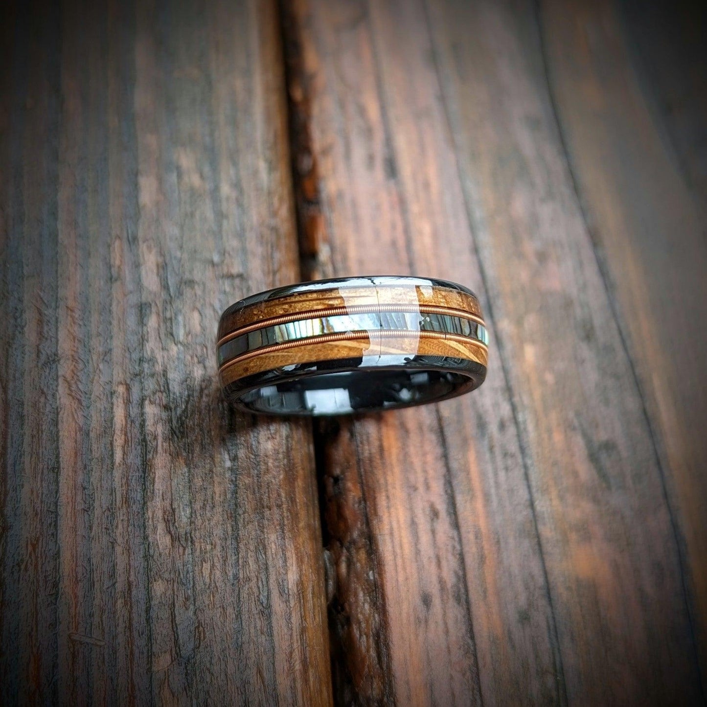 Whiskey Barrel Guitar String Ring with Abalone Shell - GoodRingsUSA