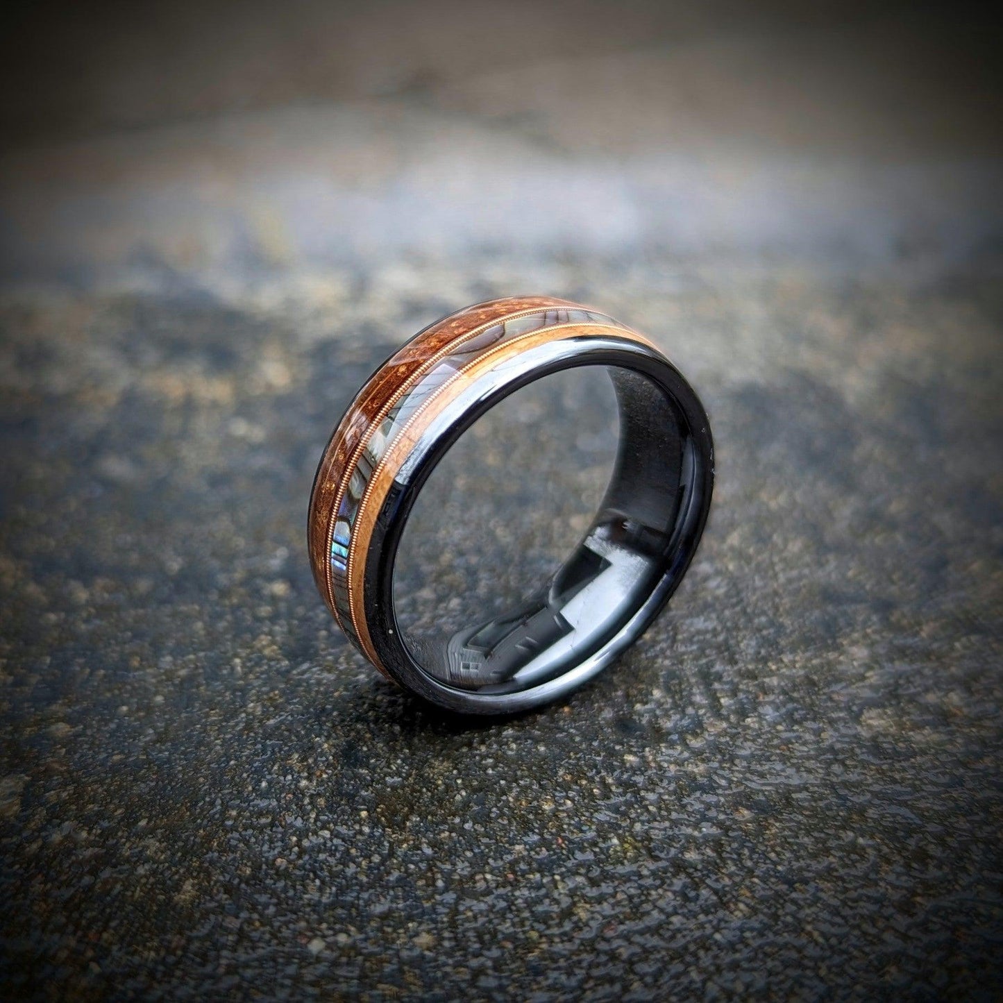 Whiskey Barrel Guitar String Ring with Abalone Shell - GoodRingsUSA