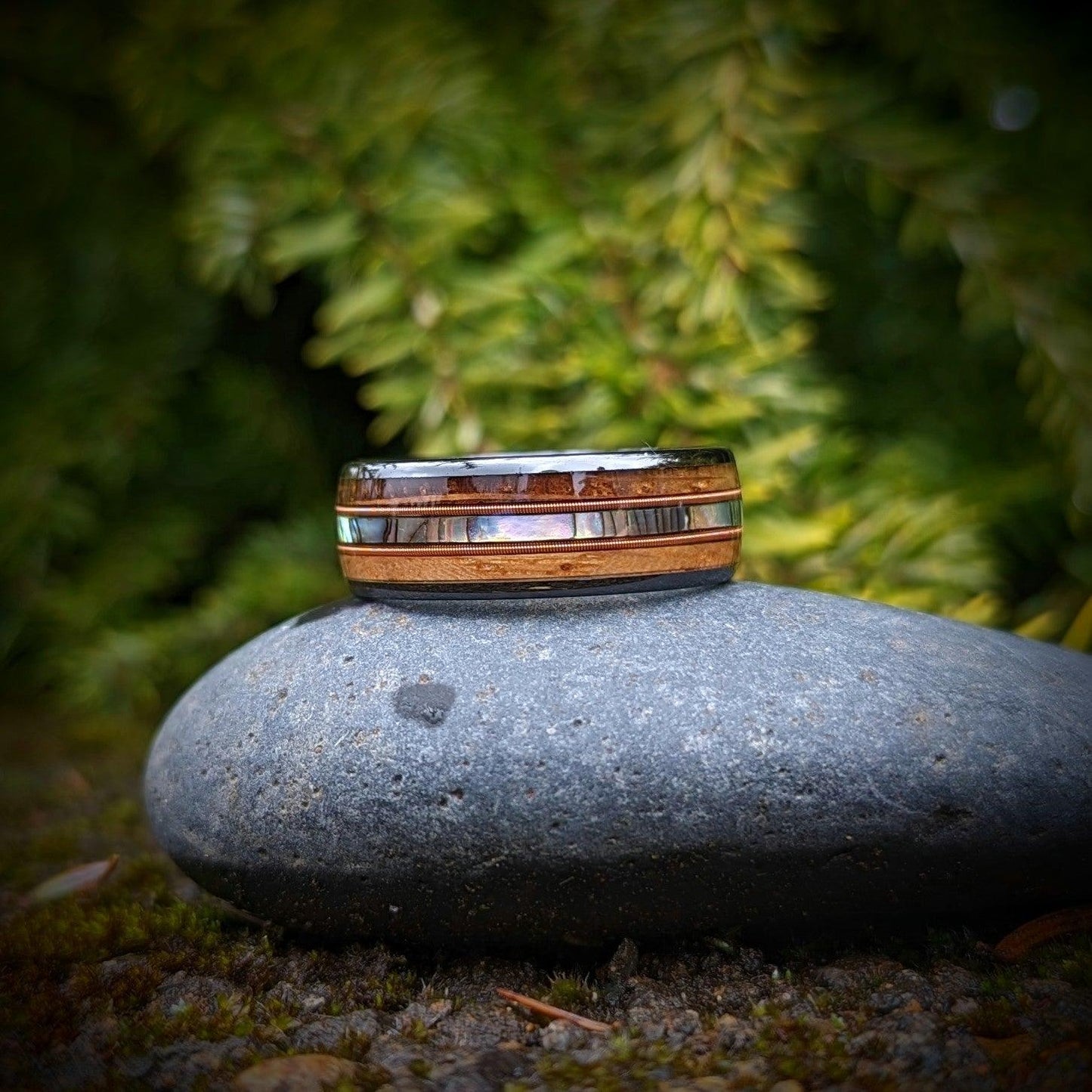 Whiskey Barrel Guitar String Ring with Abalone Shell - GoodRingsUSA