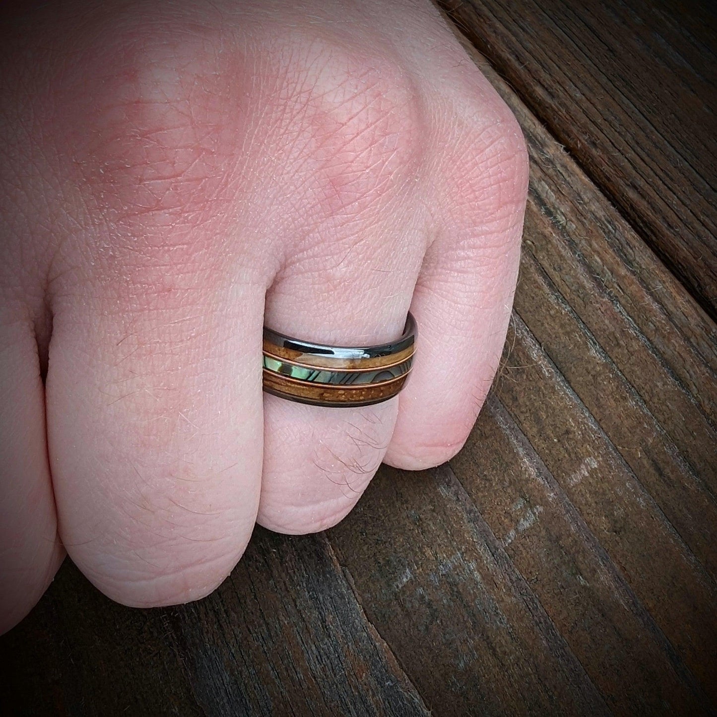 Whiskey Barrel Guitar String Ring with Abalone Shell - GoodRingsUSA