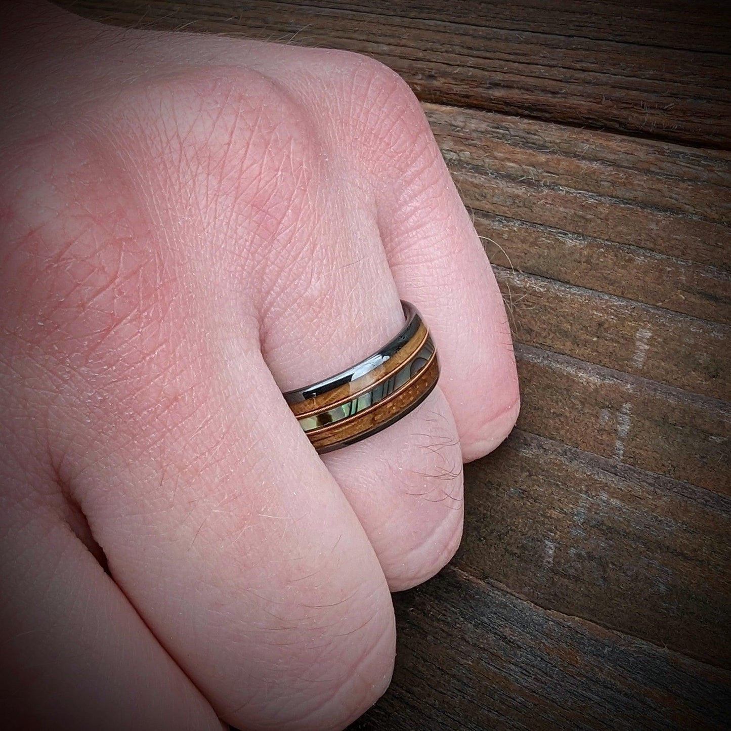 Whiskey Barrel Guitar String Ring with Abalone Shell - GoodRingsUSA