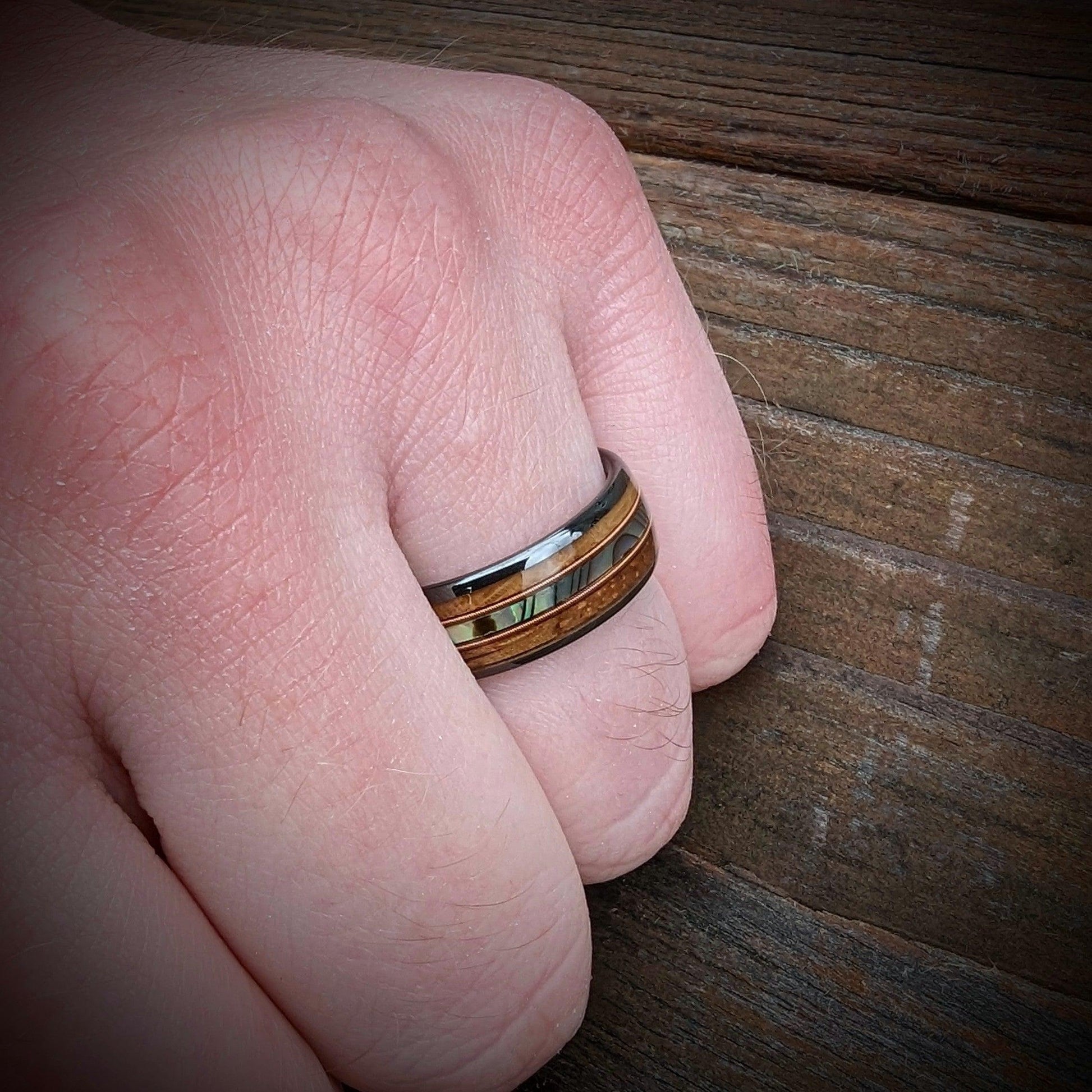 Whiskey Barrel Guitar String Ring with Abalone Shell - GoodRingsUSA