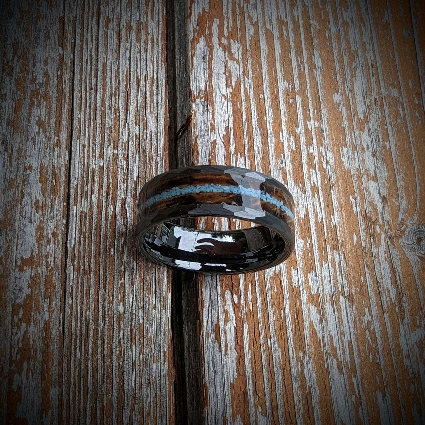 Turquoise Wedding Ring with Burnt Whiskey Barrel in a Hammered Core, Whiskey Barrel Ring, Turquoise Wedding Ring, Men's Wedding Ring